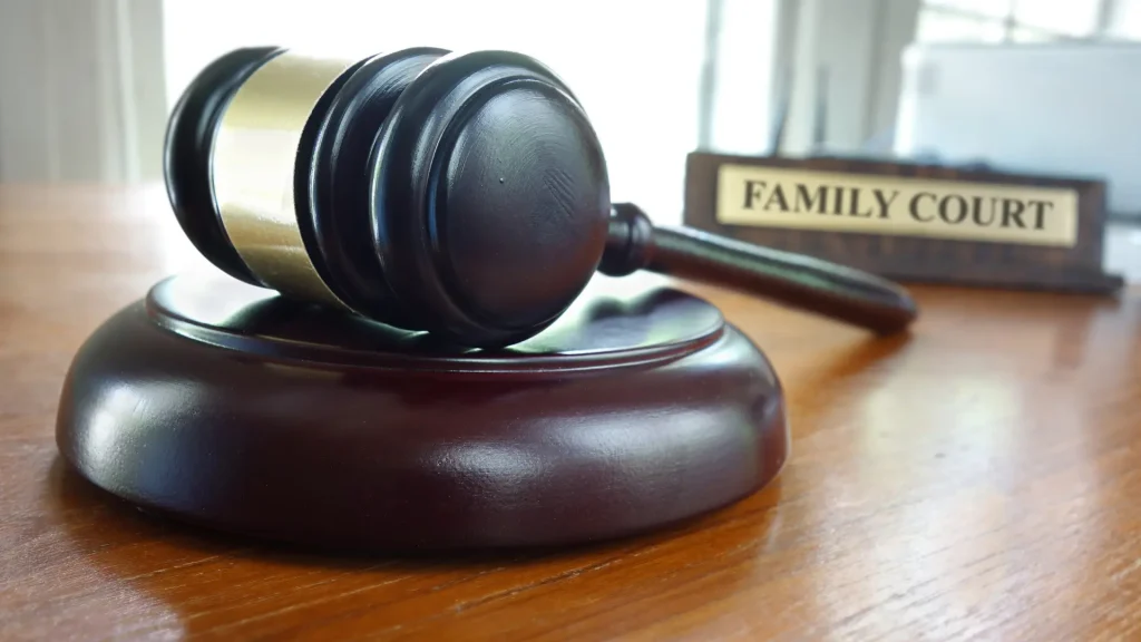 Wooden gavel with a 'Family' law book in the background.